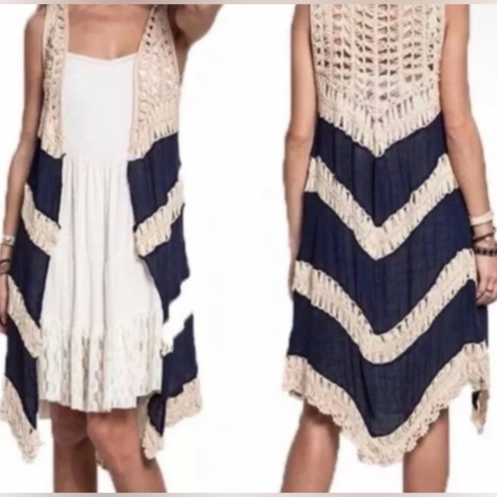 Boho-Chic Sleeveless Open-Front Crochet Duster Vest Medium Beige Navy Festival